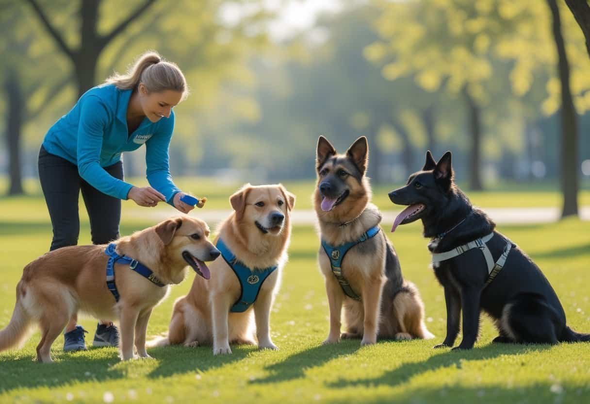 A trainer working with several rescue dogs outdoors in a park during a rehabilitation session.