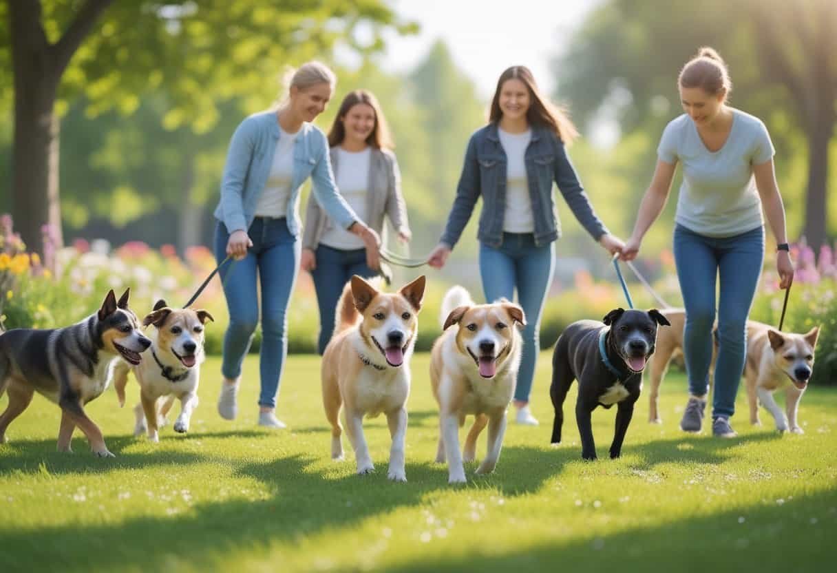 Several happy dogs playing and interacting with people in a sunny park setting.