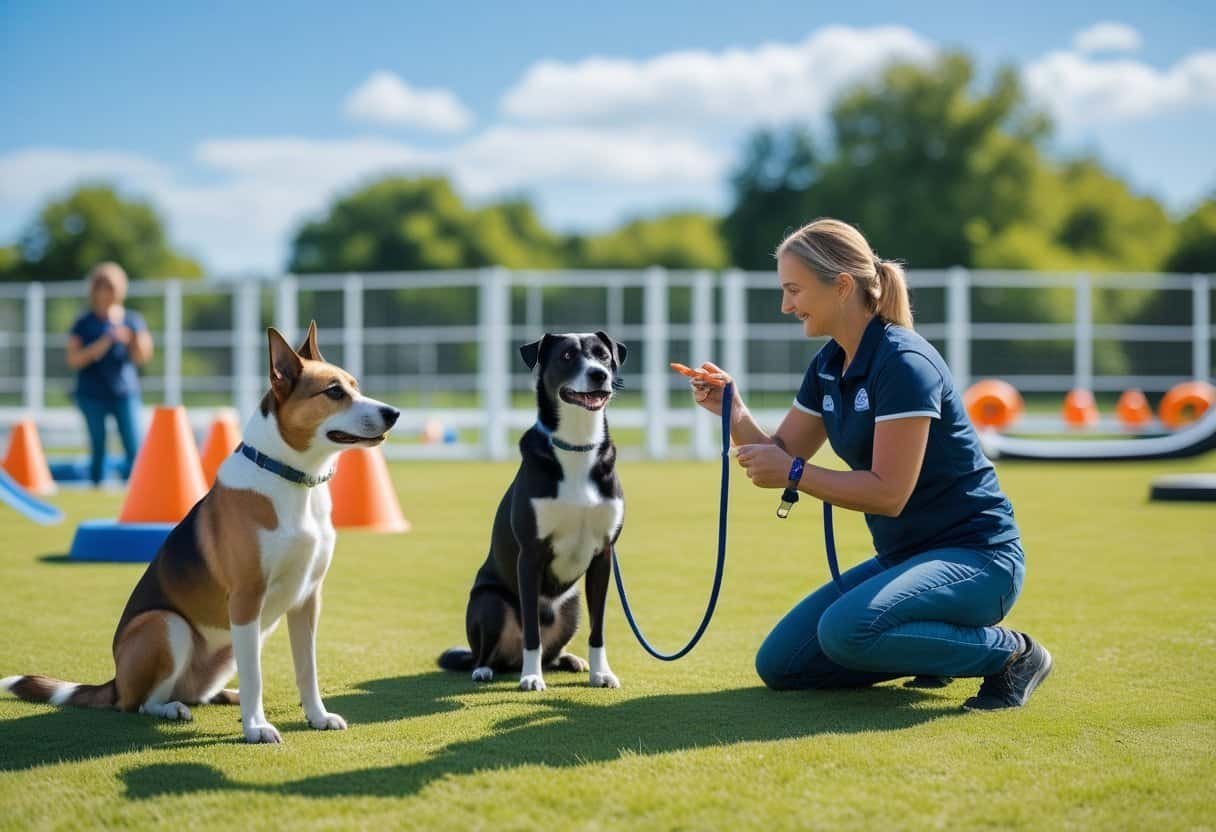Dogs and their owners participating in an obedience training class outdoors with a trainer demonstrating commands.