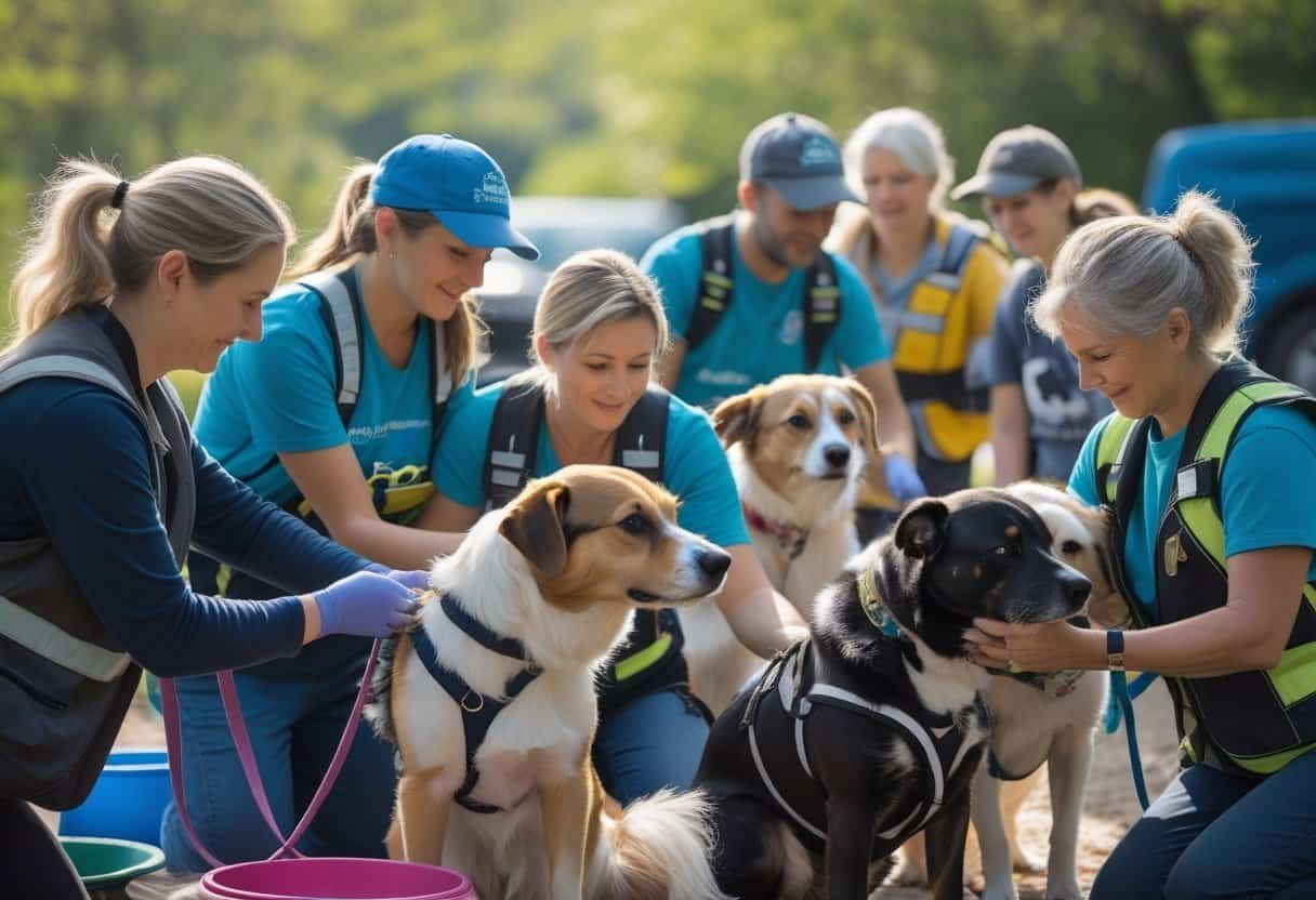 Volunteers caring for rescue dogs outdoors, showing teamwork and compassion during rescue efforts.