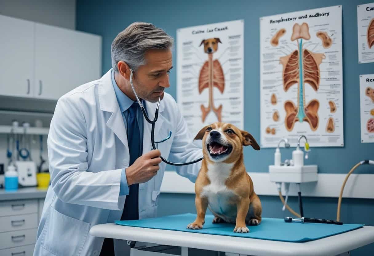 A veterinarian examining a small barking dog on an examination table in a clinic.