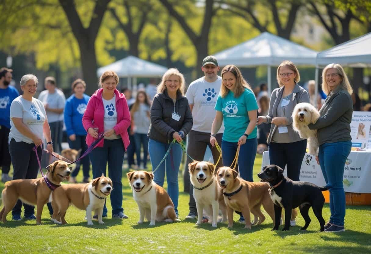 People interacting with rescue dogs at an outdoor community event with informational booths in the background.