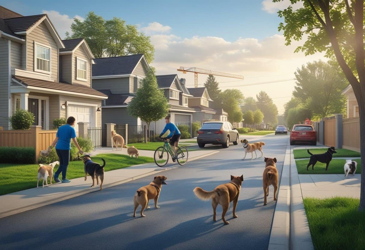 Multiple dogs barking in a suburban neighborhood reacting to a delivery person, a cyclist, and nearby construction.