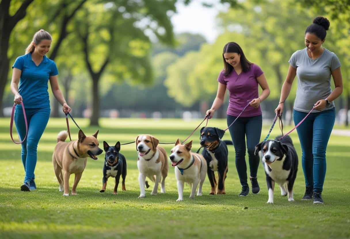 Several dogs on leashes being trained and socialized by people in a green park.