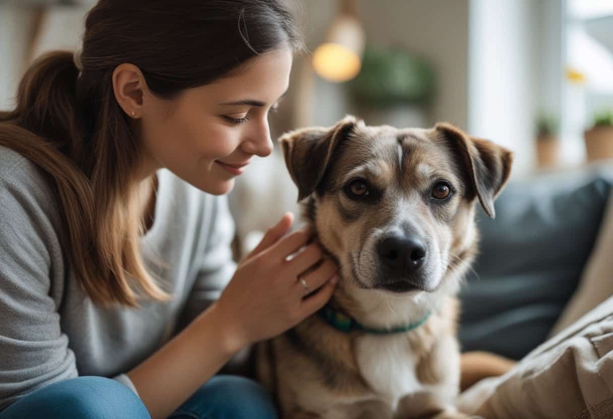 A person gently petting a calm rescue dog inside a cozy home.