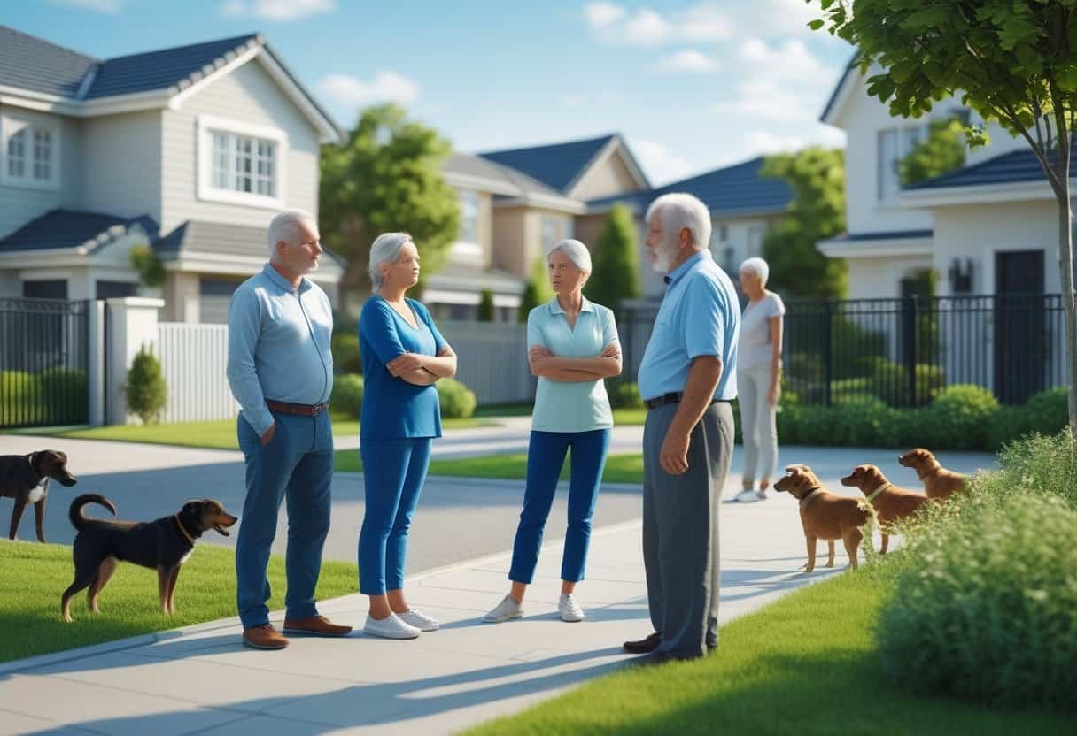 Neighbors standing outside their homes discussing while dogs bark near a fenced yard in a suburban neighborhood.