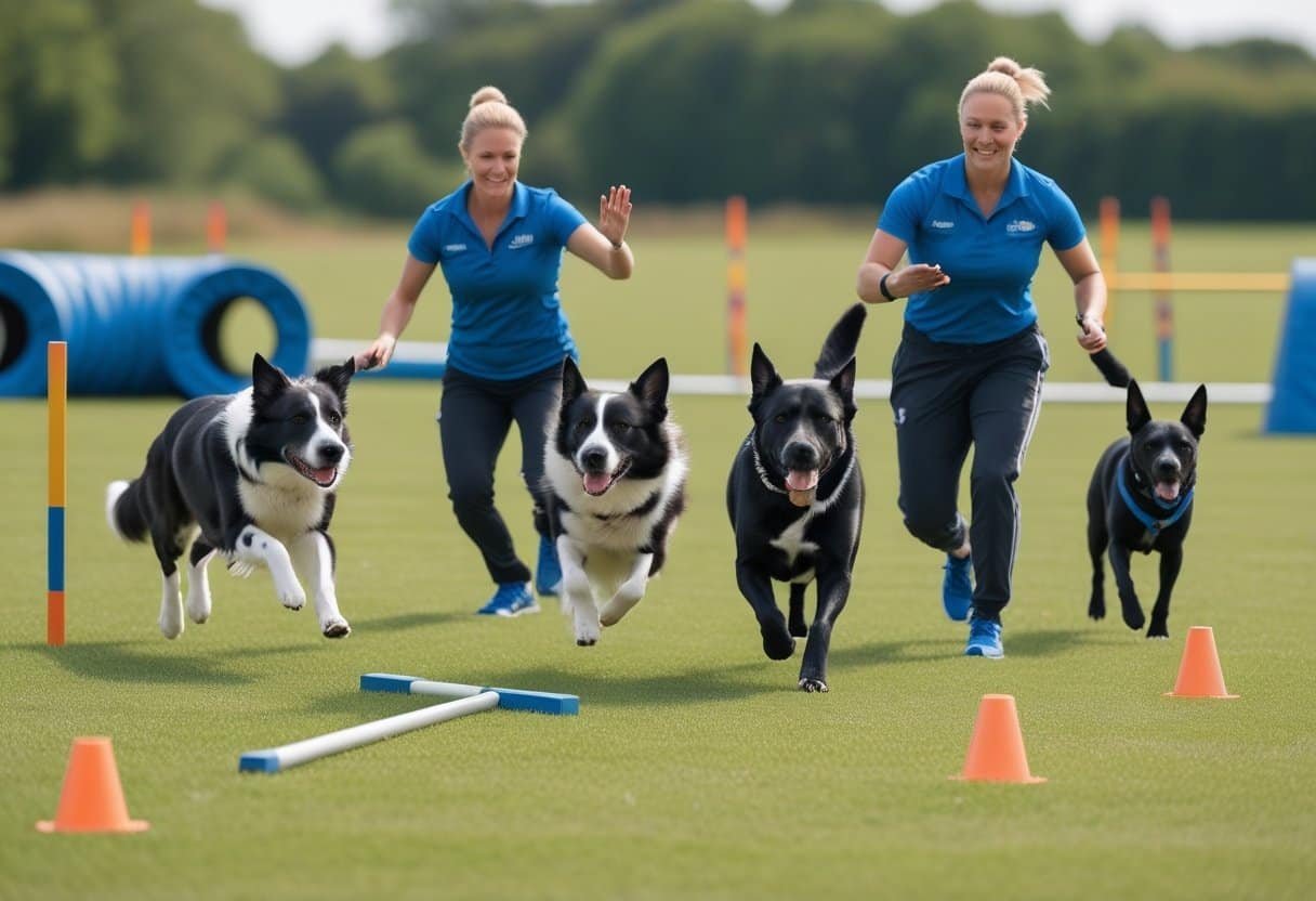 Dogs and trainers participating in an outdoor advanced dog training and dog sports session on a grassy field with agility equipment.