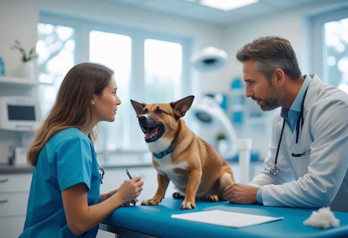 A pet owner consulting a dog behavior specialist in a veterinary clinic while a dog barks on the examination table.