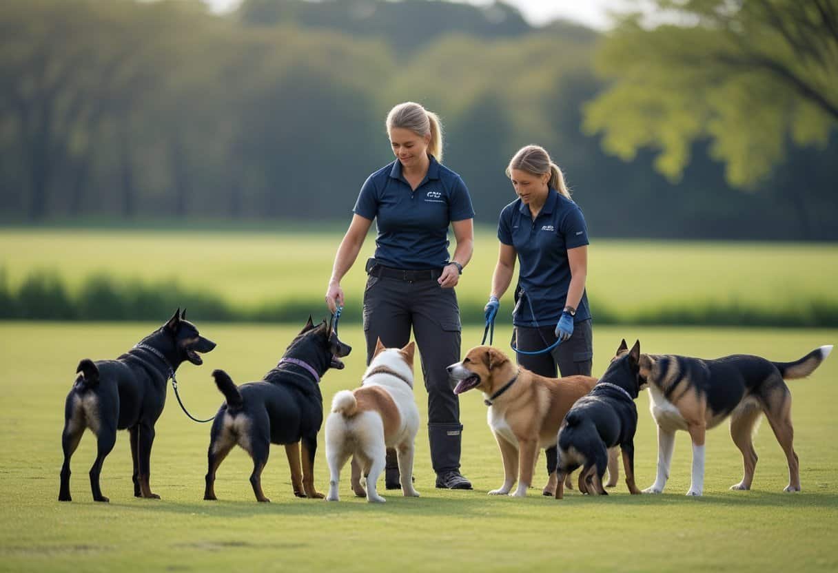 A dog trainer outdoors working with a group of attentive dogs in a natural park setting.