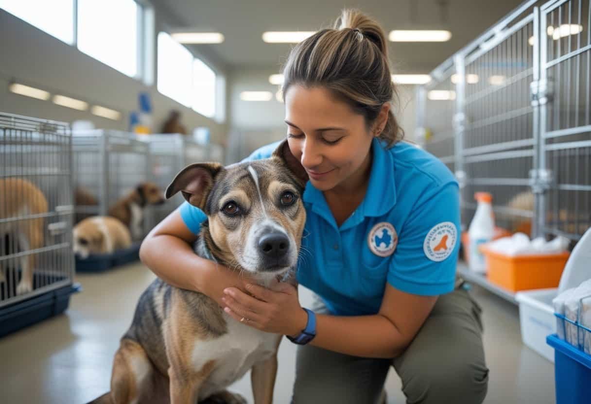 A rescue worker gently comforting a rescued dog inside an animal shelter with other dogs in cages nearby.