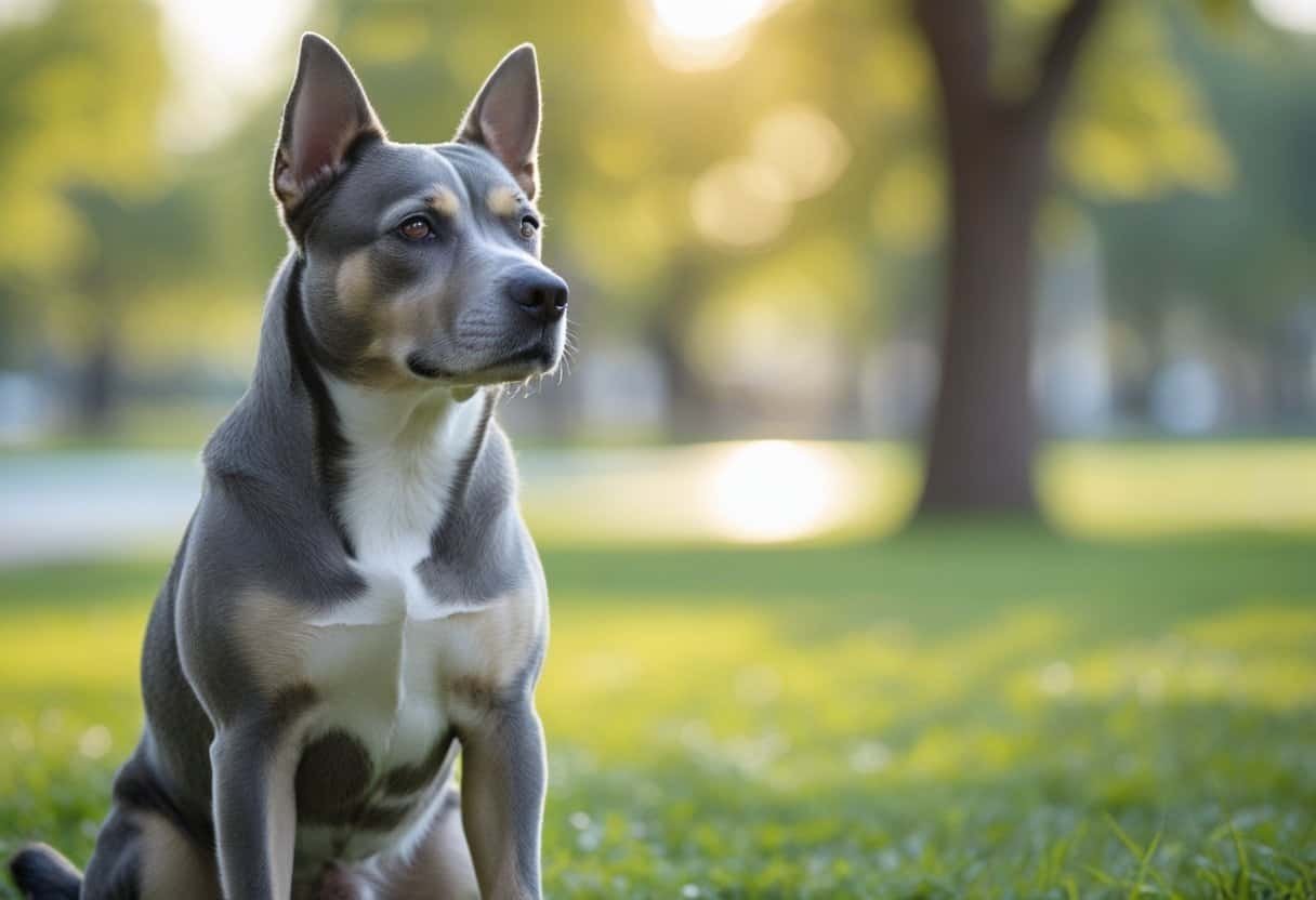 A medium-sized dog sitting attentively outdoors in a park with trees and grass in the background.