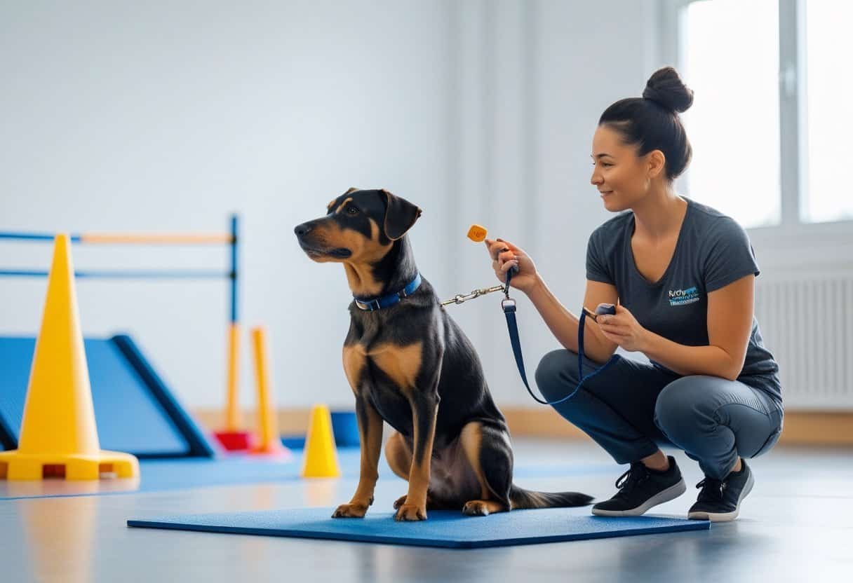 A dog sitting obediently while a trainer uses a clicker and treats in an indoor training area with training equipment visible.