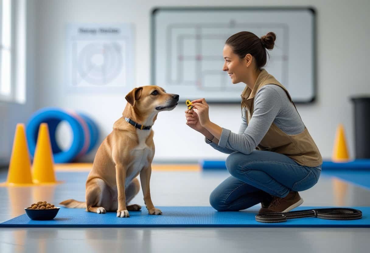 A dog trainer kneeling beside a sitting dog, holding a treat and clicker during a training session indoors.