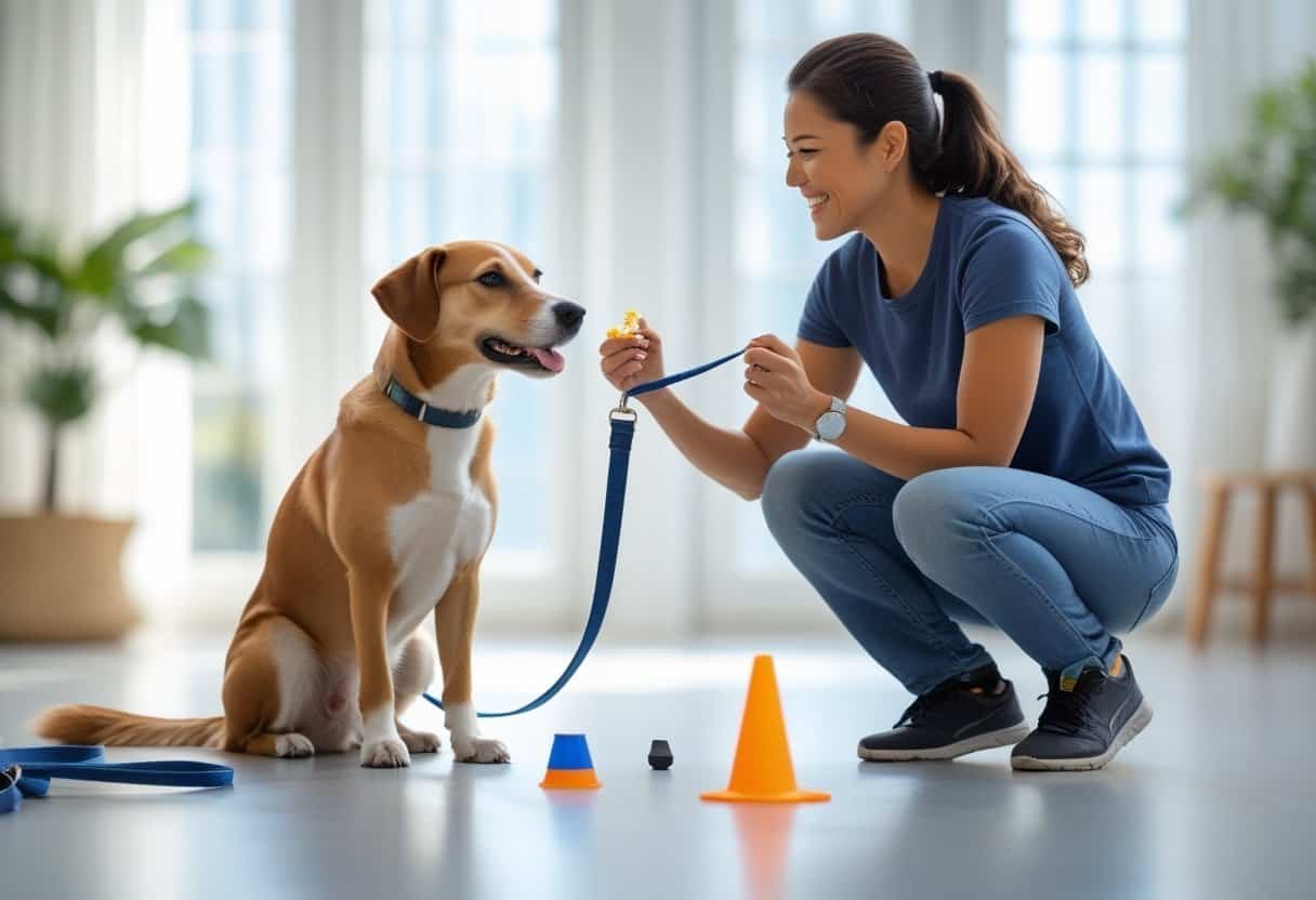 A dog sitting attentively next to a trainer who is holding a treat during a training session indoors.