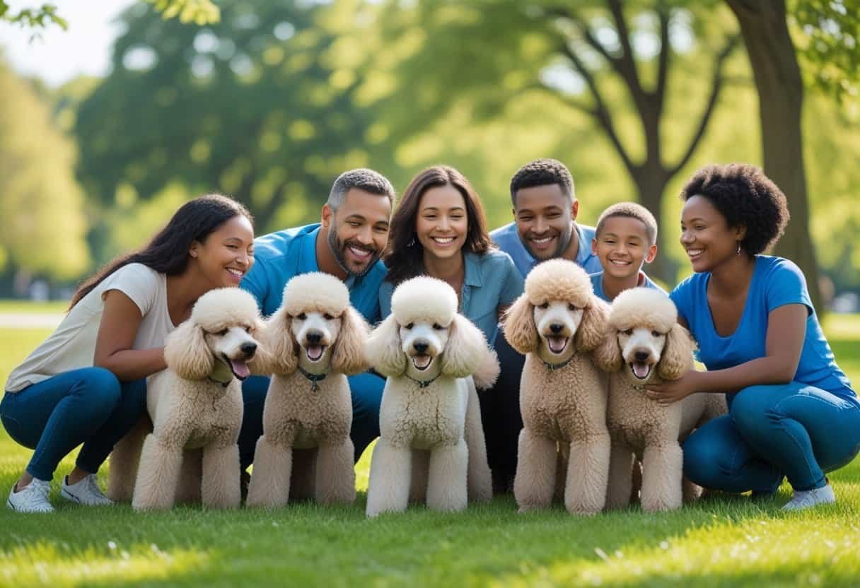 A happy family playing with several rescue poodles in a sunny park surrounded by green trees and grass.