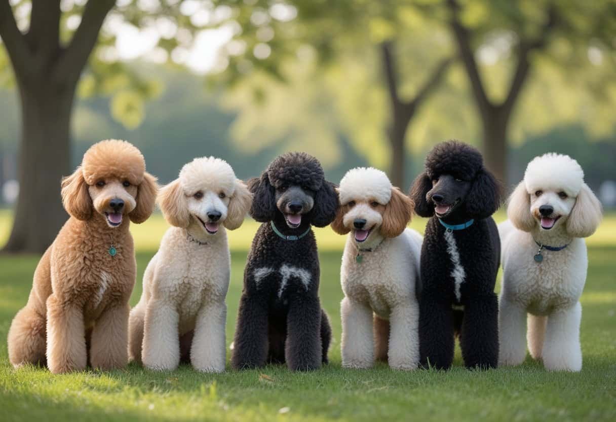 A group of healthy rescue poodles of different colors playing and sitting in a green park.