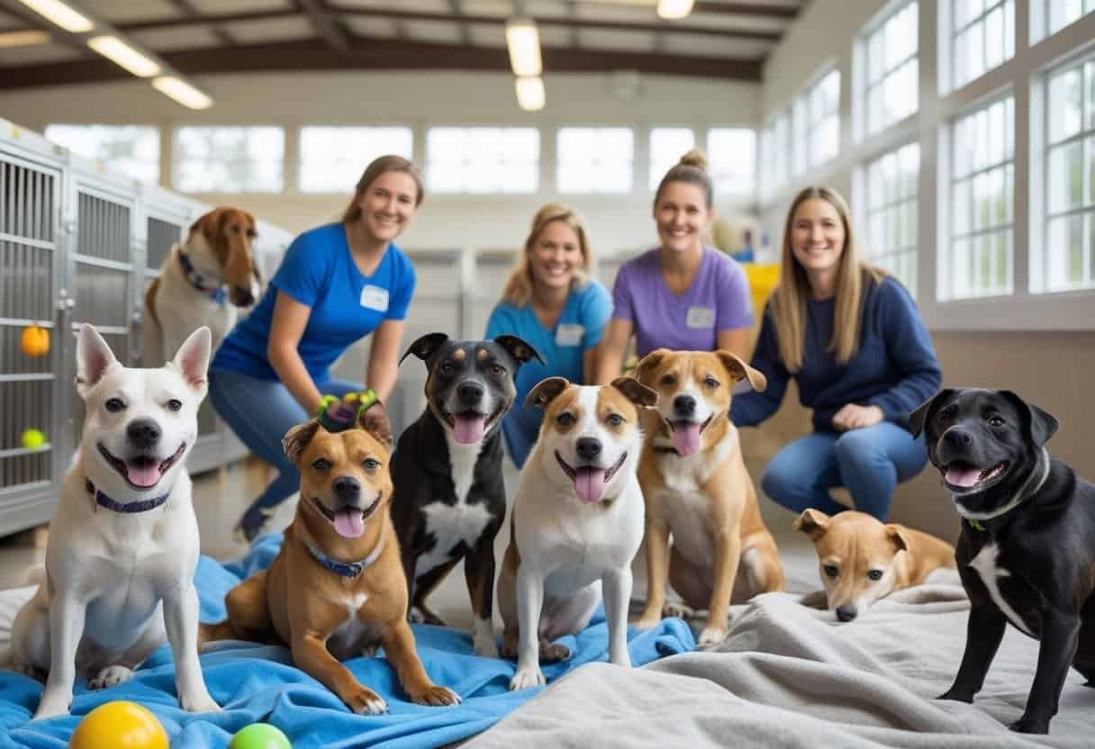 A group of happy dogs of different breeds and sizes in a bright animal shelter with volunteers interacting with them.