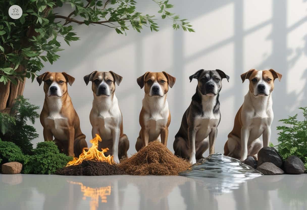Five different dogs each surrounded by elements representing wood, fire, earth, metal, and water, arranged together to symbolize the Year of the Dog.