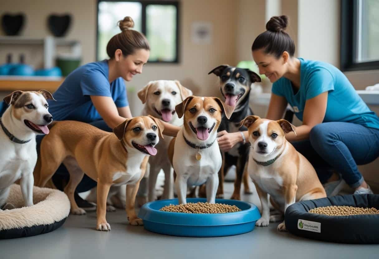 People caring for happy adopted dogs indoors with toys and dog beds around