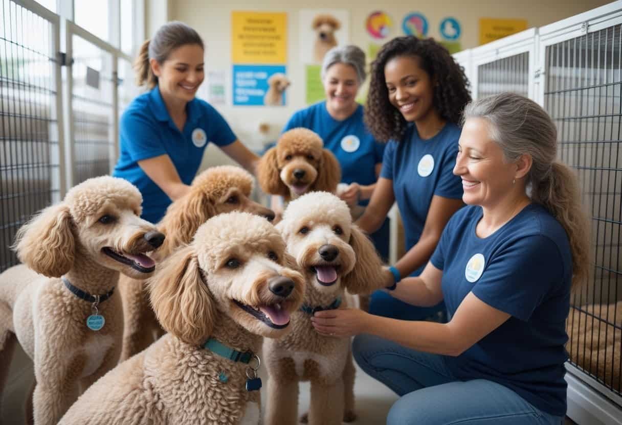 Volunteers caring for rescued poodles in an indoor animal shelter.