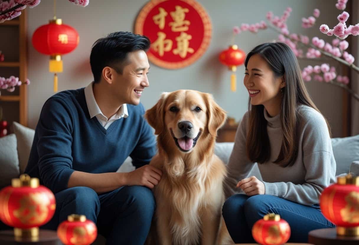 A man and a woman smiling and sitting together with a golden retriever dog between them in a cozy room decorated with Chinese New Year elements.