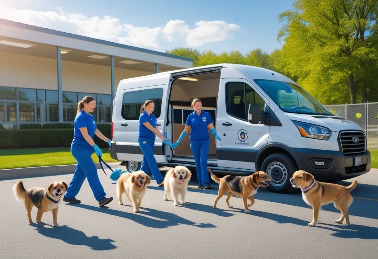 Rescue workers loading happy dogs into a transport van outside a dog shelter on a sunny day.