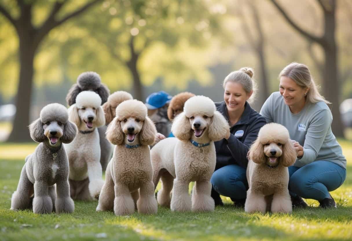 A group of rescue poodles playing and being cared for by volunteers in a sunny park.