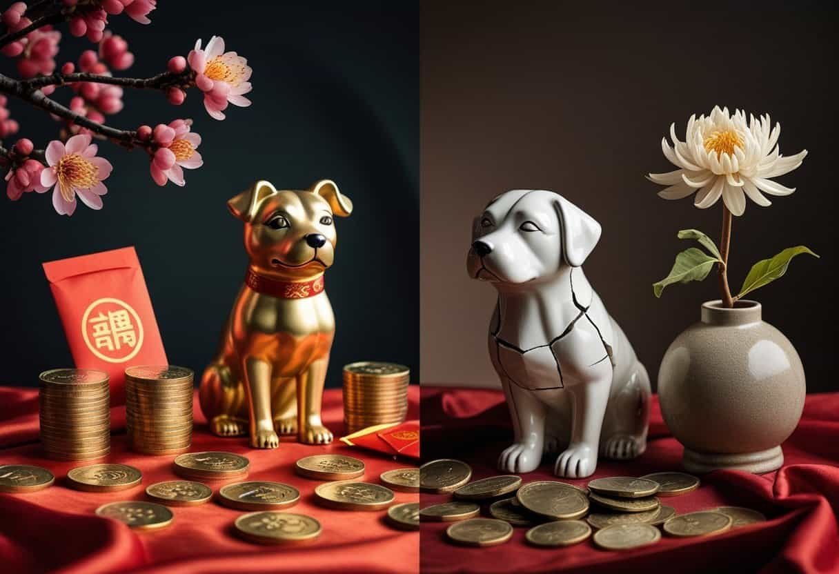 A split image showing lucky symbols like a golden dog figurine and red envelopes on one side, and unlucky symbols like a cracked dog statue and wilted flower on the other side.