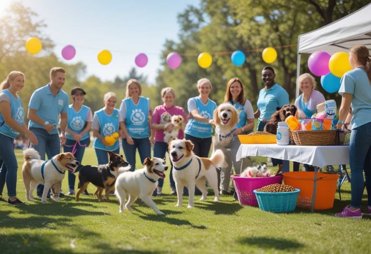 People and dogs at an outdoor dog rescue adoption and fundraising event with volunteers and visitors interacting.