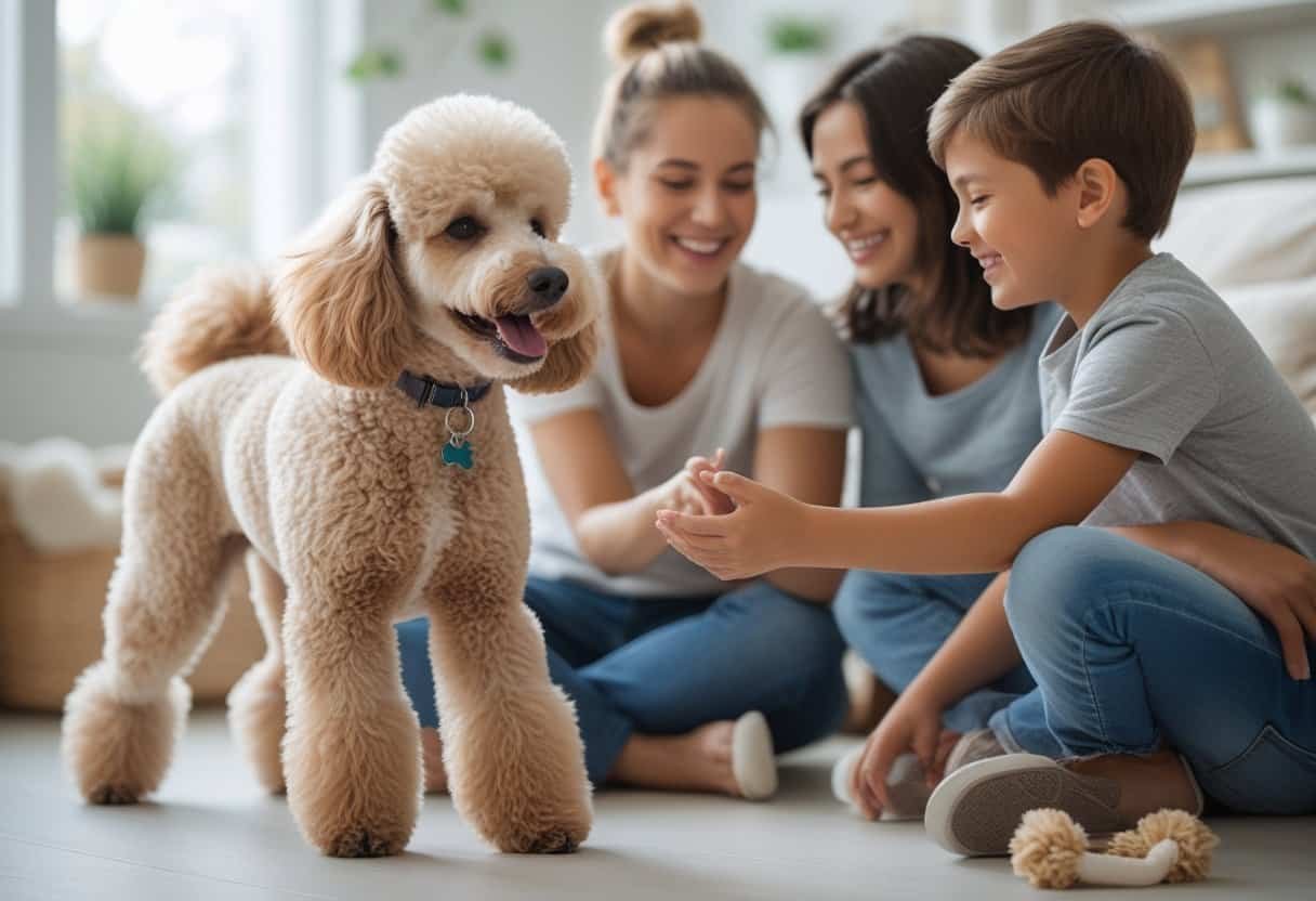 A happy poodle being affectionately petted by a smiling family inside a cozy home.