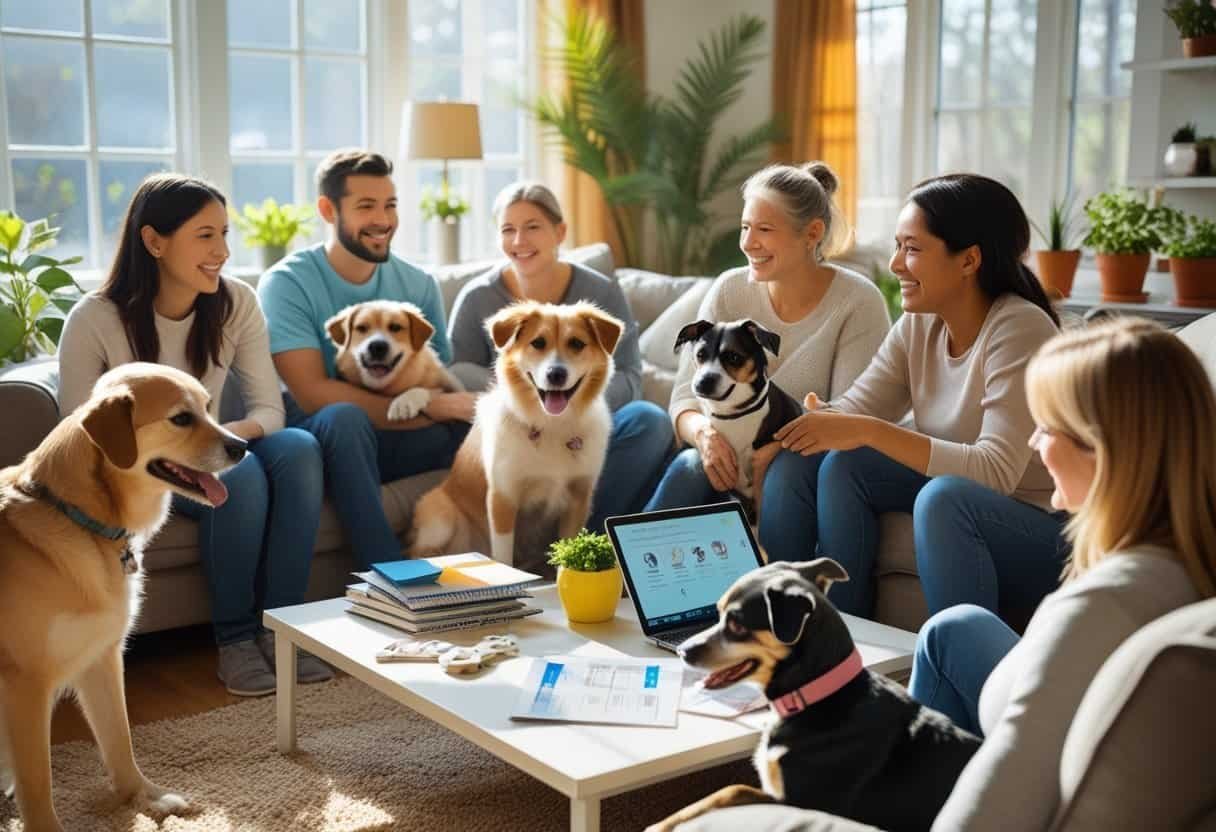 A group of people sitting together with their adopted dogs in a bright living room, sharing a supportive conversation.