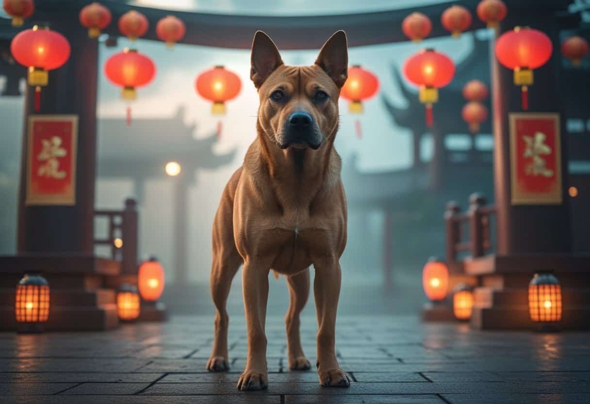 A strong dog standing protectively outdoors with Chinese New Year decorations in the background, under a cloudy sky with rays of light breaking through.