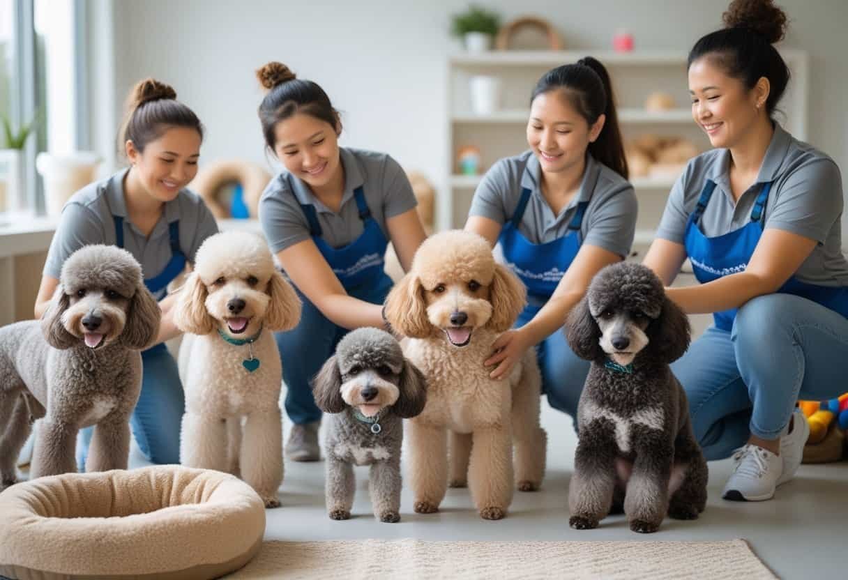 Volunteers caring for several rescued poodles in a bright indoor room with dog beds and toys.