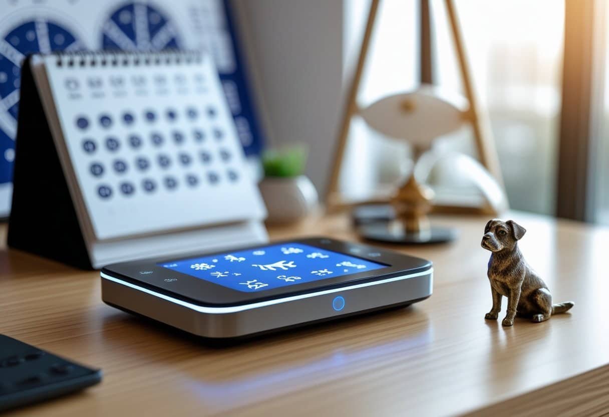 A digital zodiac sign calculator on a wooden desk with a dog figurine, calendar, and astrological charts in the background.