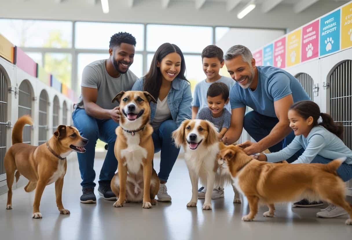 People happily interacting with rescued dogs inside a bright animal shelter with kennels and natural light.