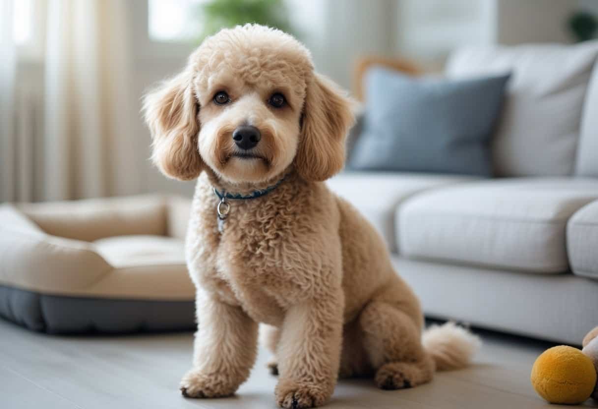 A friendly rescue poodle sitting attentively in a cozy indoor setting with dog toys and a dog bed nearby.