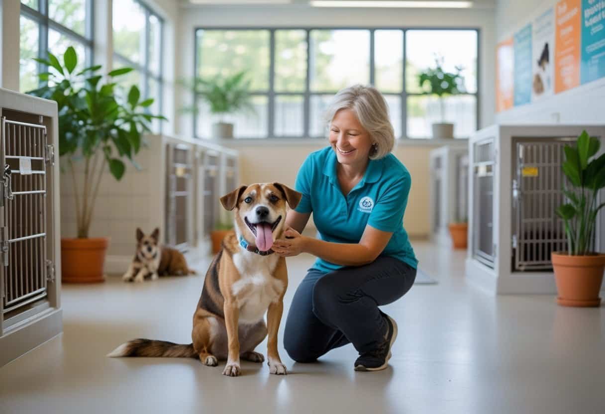 A woman petting a happy dog inside a bright dog rescue adoption center with kennels and other dogs in the background.