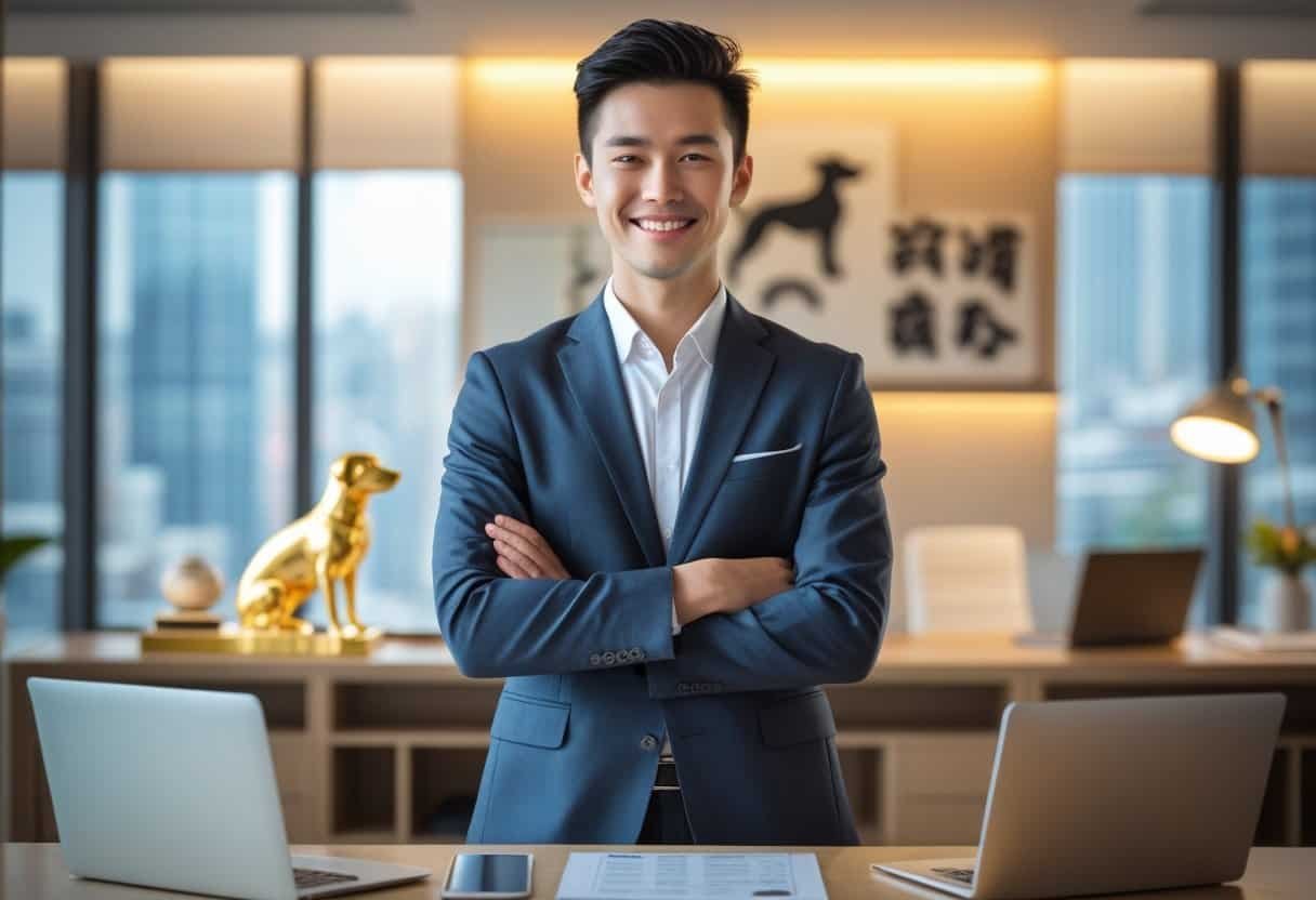 A confident young adult in business attire stands in a modern office with a dog figurine on a shelf and a city view through large windows.