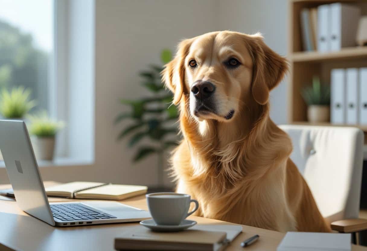 A golden retriever dog sitting near a desk in a bright home office with a laptop and books.