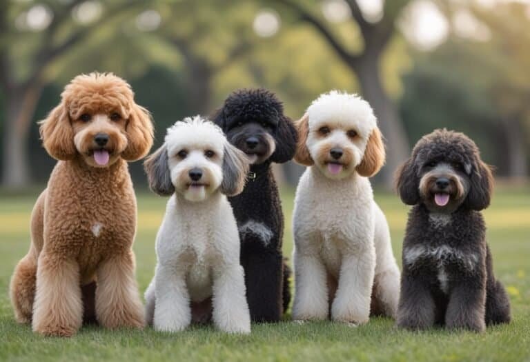 Several poodle mix dogs of various colors and sizes sitting and standing outdoors in a grassy park.