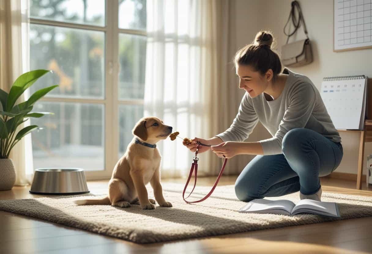 A person gently training a puppy indoors, offering a treat while the puppy sits calmly on a rug in a sunlit living room.