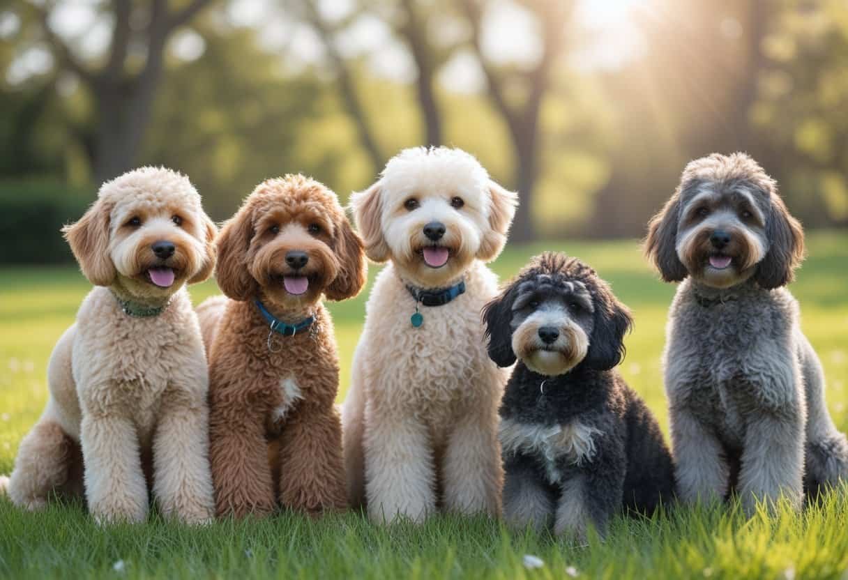 Several poodle crossbreed dogs sitting and standing on green grass outdoors with trees in the background.