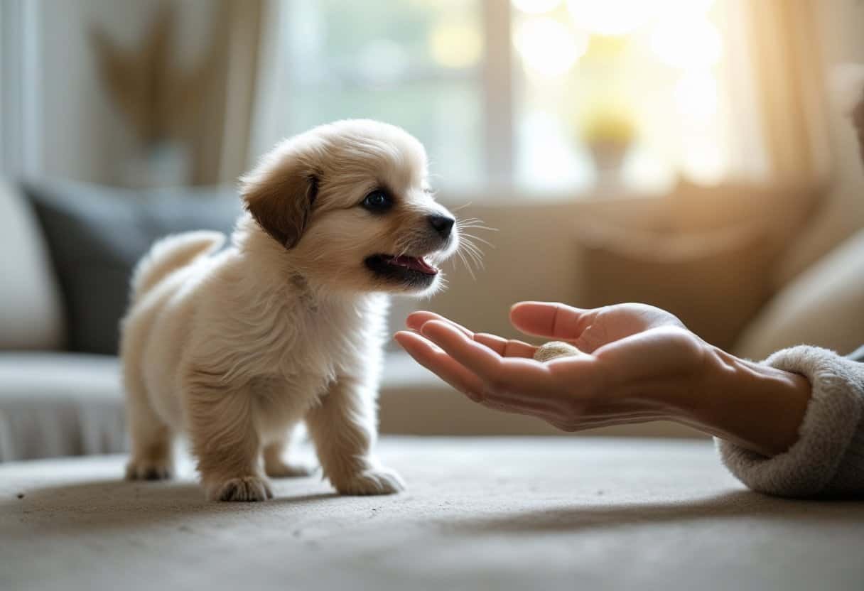 A small puppy barking while a person gently encourages it to stay calm in a cozy living room.