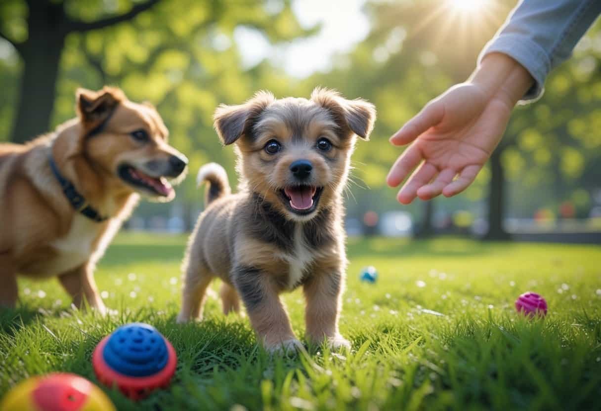 A young puppy barking outdoors in a park with a friendly dog and person nearby surrounded by grass and trees.