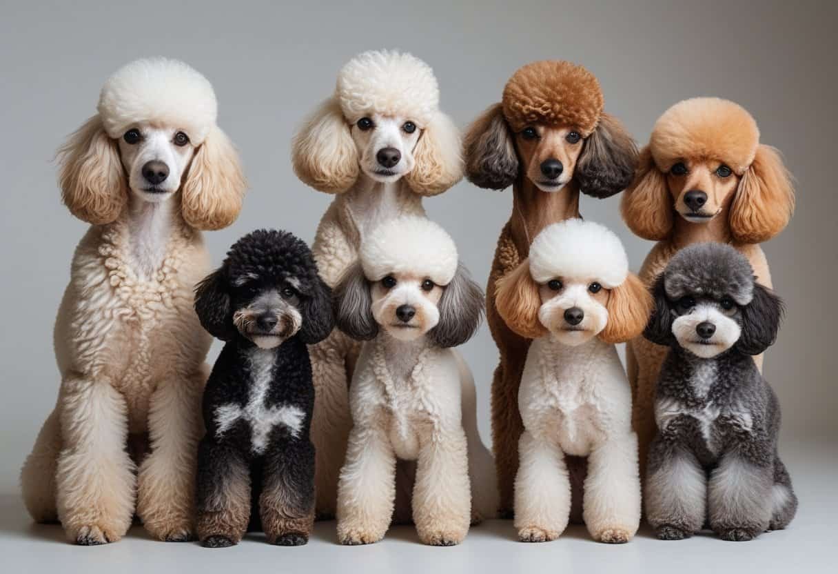 Several poodles of different sizes and coat colors sitting and standing together against a plain background.