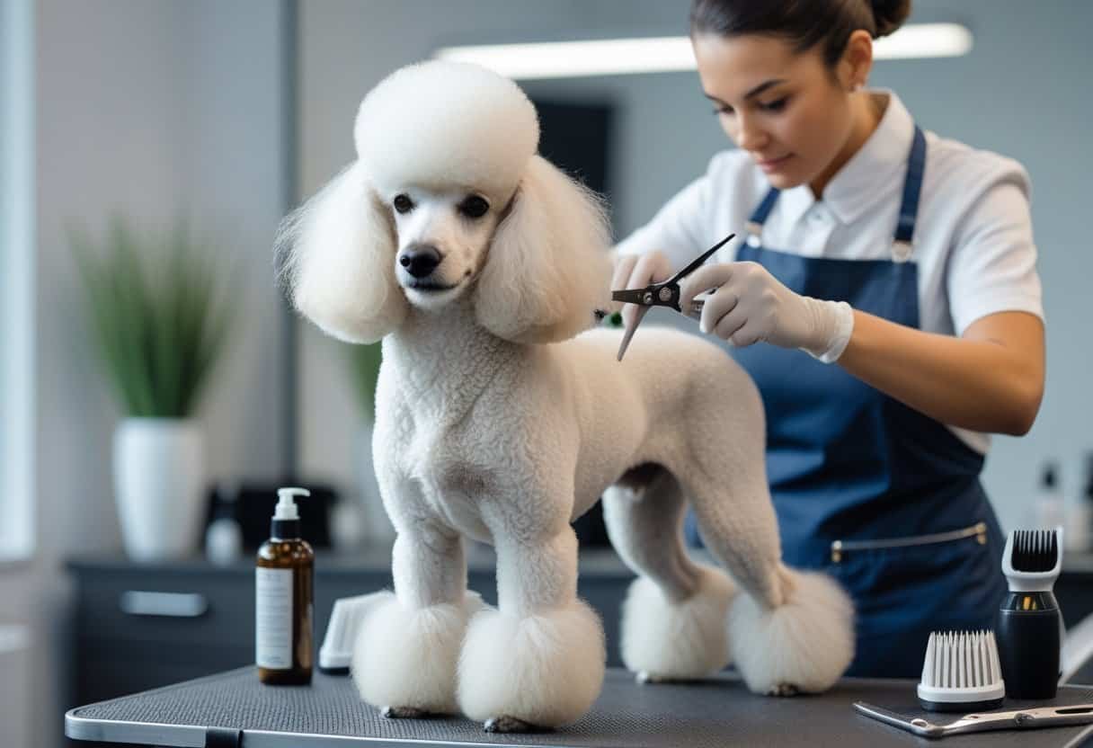 A groomer trimming the fur of a white poodle on a grooming table in a clean salon.