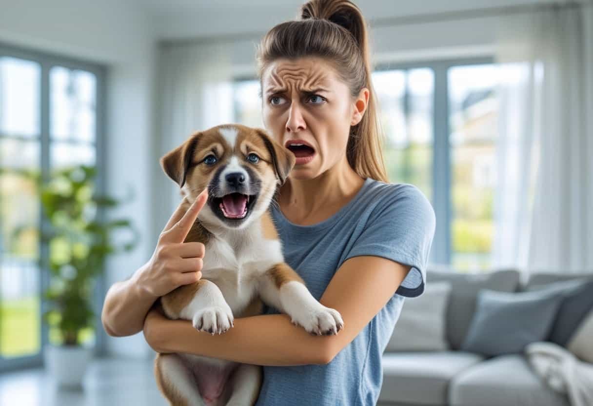 A young woman holding a barking puppy indoors, looking frustrated and raising her finger as if scolding the dog.