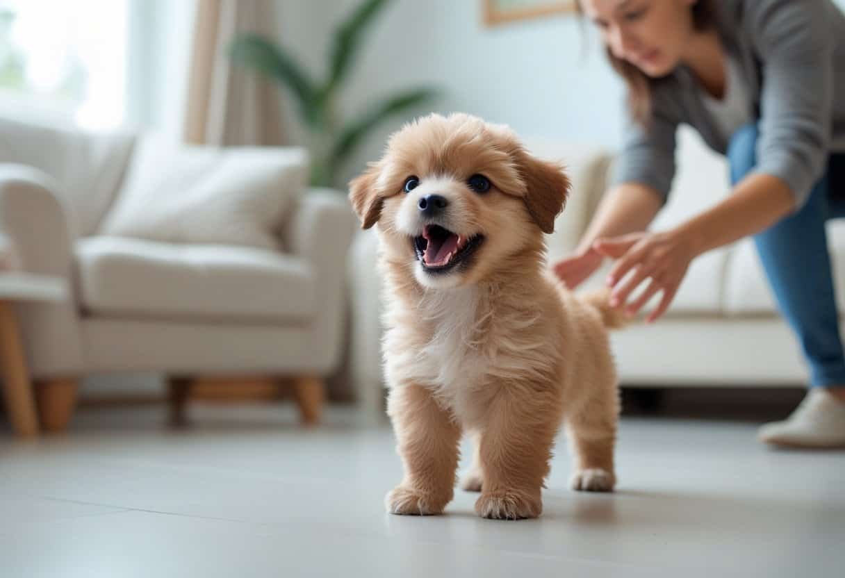 A small puppy barking indoors while a concerned adult reaches out to it in a bright living room.