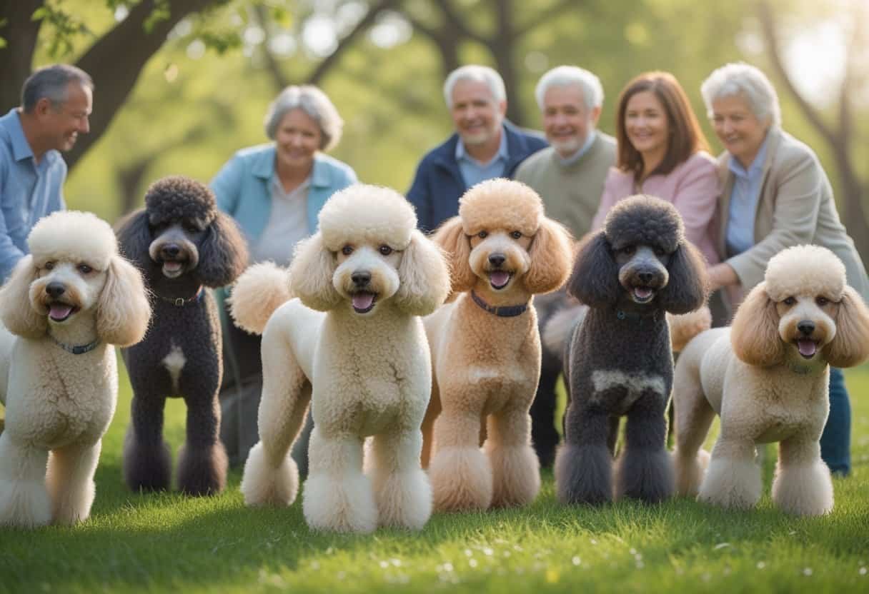 A group of healthy poodles of different sizes and colors playing outdoors in a green park with people.