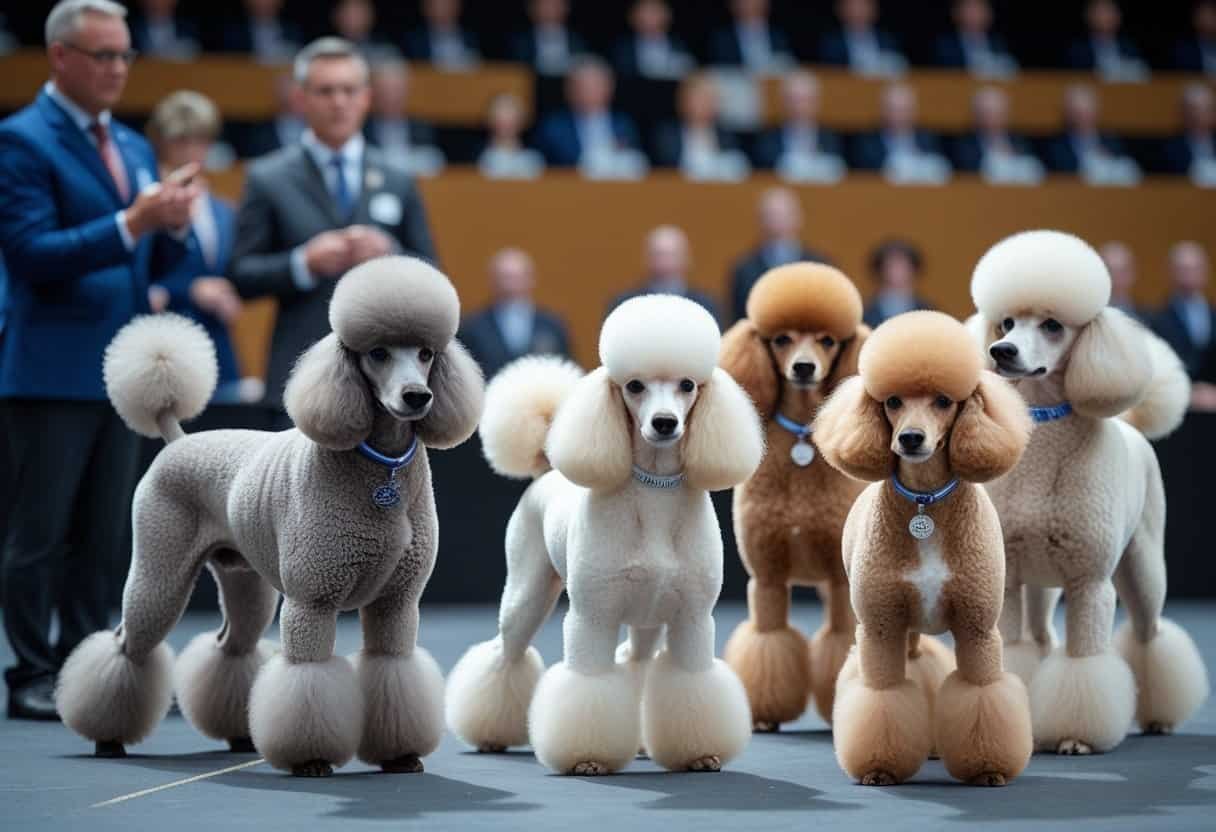 Several well-groomed poodles standing in a dog show ring with handlers and judges in the background.